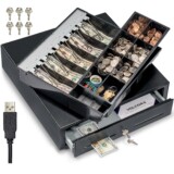 Black 16-inch USB cash register drawer with removable 5-bill and 8-coin cash tray, keys, lock, and USB cable