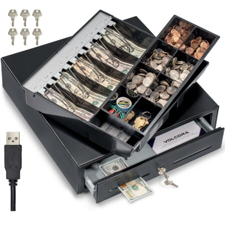 Black 16-inch USB cash register drawer with removable 5-bill and 8-coin cash tray, keys, lock, and USB cable