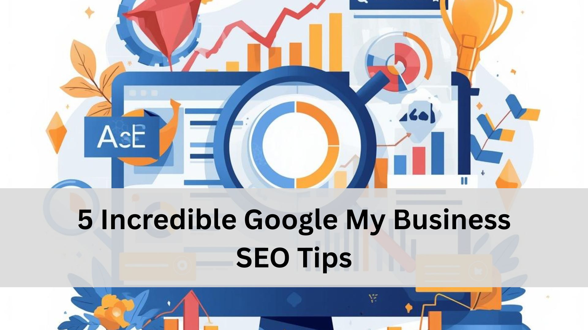 An illustrated graphic showing charts, bars, and analytics symbols in bright colors like orange and blue. A large circular chart sits in the center, surrounded by icons representing data and growth.