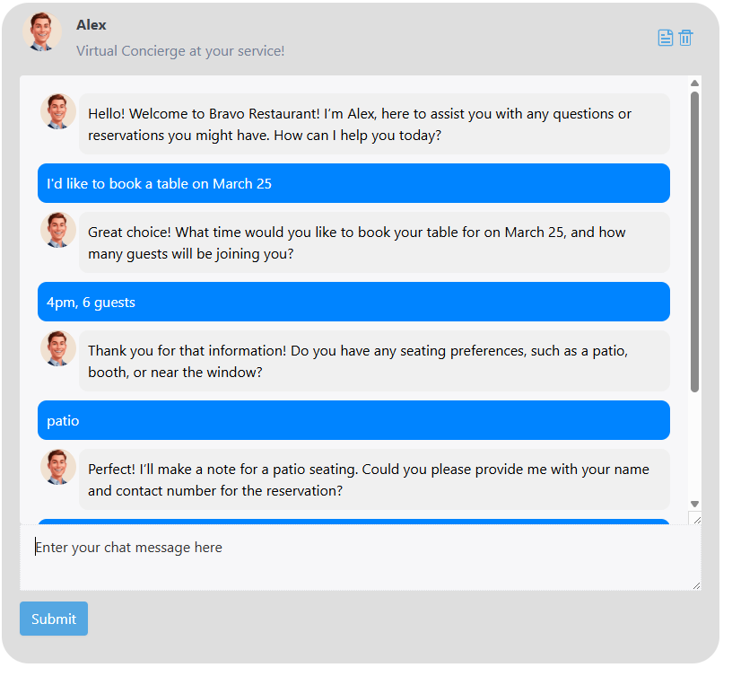 AI chatbot example for a restaurant powered by ehopper. The customer asks questions and chatbot replies it in a natural language