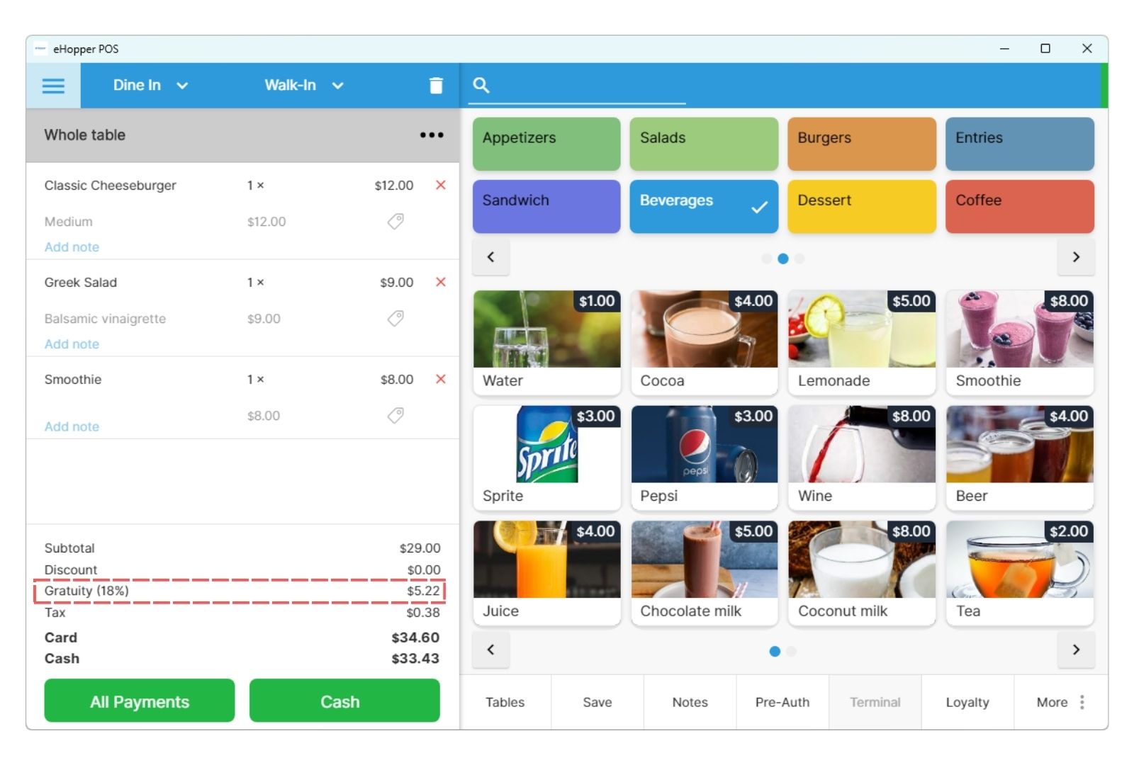 Ehopper POS gratuity eHopper POS checkout screen showing a dine-in order with items, subtotal, gratuity 18 percent, tax, and total, alongside menu categories and beverage selections.