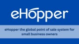 eHopper logo displayed on a blue background with the text "eHopper the global point of sale system for small business owners