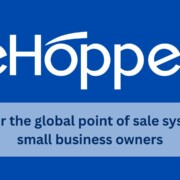 eHopper logo displayed on a blue background with the text "eHopper the global point of sale system for small business owners