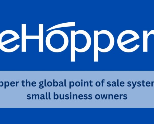 eHopper logo displayed on a blue background with the text "eHopper the global point of sale system for small business owners