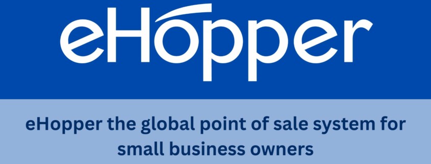 eHopper logo displayed on a blue background with the text "eHopper the global point of sale system for small business owners