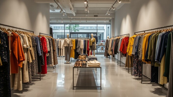 Fashion Boutique POS A modern clothing boutique with racks of neatly arranged women’s apparel on both sides of the aisle.