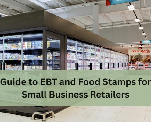 Grocery store aisle with large refrigerated cases filled with food items, with text overlay that reads “Guide to EBT and Food Stamps for Small Business Retailers.”