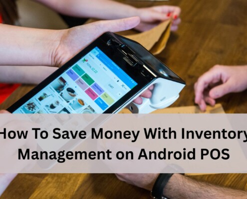 A person holding an Android handheld POS device showing a menu screen while others sit at a wooden table, illustrating inventory management on a mobile point of sale system.