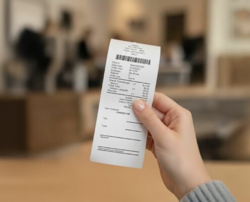 Hand holding a printed restaurant receipt in a blurred indoor setting. The receipt shows an order with items like a cheeseburger, salad, and smoothie, along with subtotal, gratuity, and total amount.