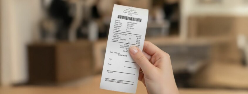 Hand holding a printed restaurant receipt in a blurred indoor setting. The receipt shows an order with items like a cheeseburger, salad, and smoothie, along with subtotal, gratuity, and total amount.