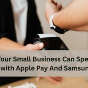 Customer making a contactless payment using a smartwatch while a cashier holds a card reader, with text overlay about speeding up sales with Apple Pay and Samsung Pay