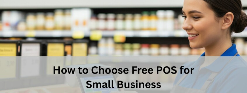 A grocery store employee in a blue uniform smiles while using a free POS system in front of produce and shelves