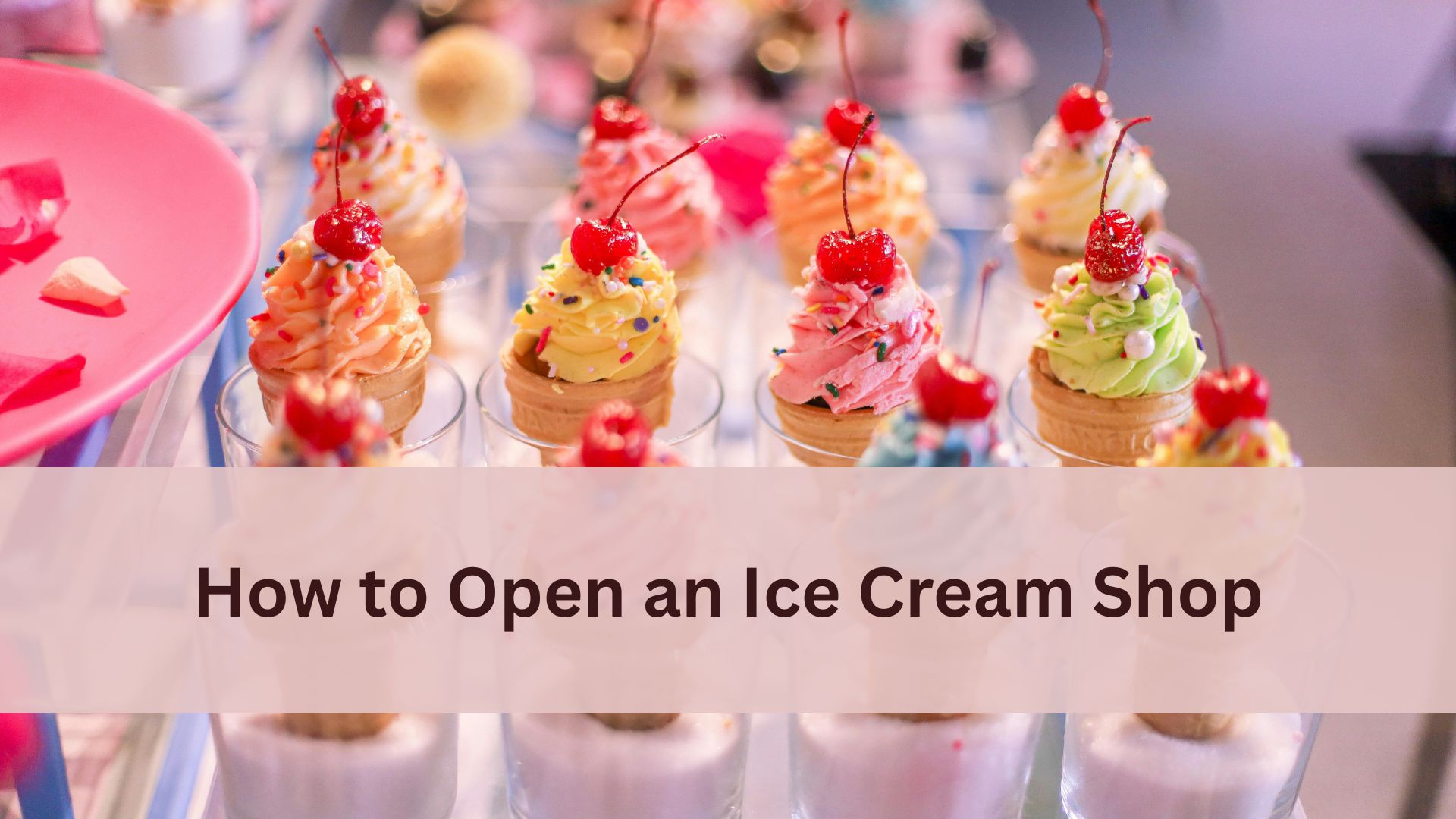 Colorful ice cream cones topped with whipped swirls, sprinkles, and cherries displayed in rows, with text about opening an ice cream shop.