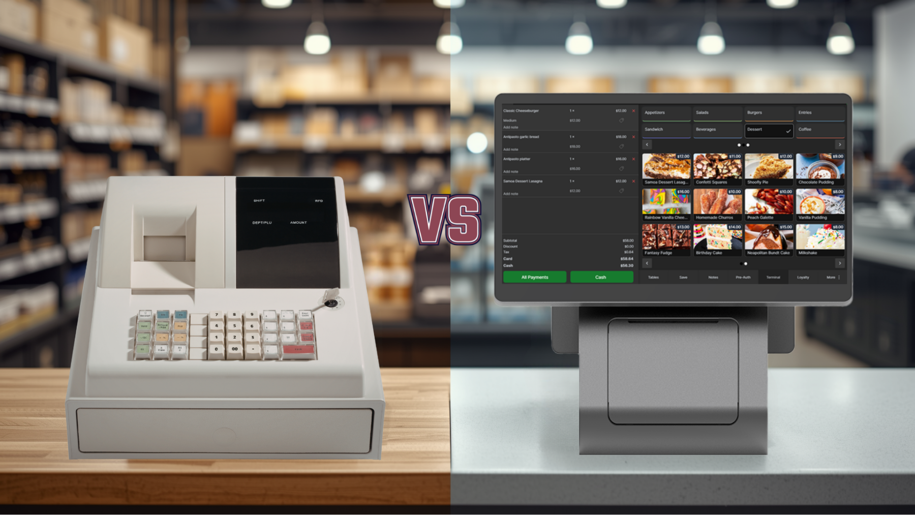 Split-screen comparison of a traditional cash register versus a modern cloud-based POS system in a small business setting, showing how updated POS technology can help reduce revenue loss and improve sales tracking