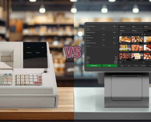 Split-screen comparison of a traditional cash register versus a modern cloud-based POS system in a small business setting, showing how updated POS technology can help reduce revenue loss and improve sales tracking