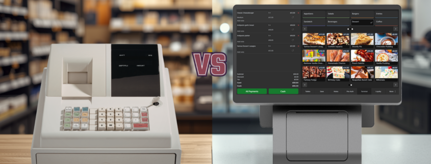 Split-screen comparison of a traditional cash register versus a modern cloud-based POS system in a small business setting, showing how updated POS technology can help reduce revenue loss and improve sales tracking