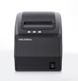 Front view of a black Volcora linerless receipt and label printer with paper slot, status indicators, and power switch