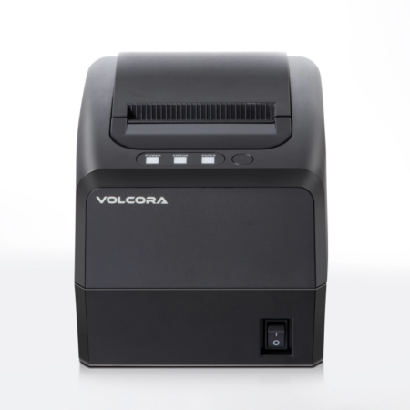 Front view of a black Volcora linerless receipt and label printer with paper slot, status indicators, and power switch