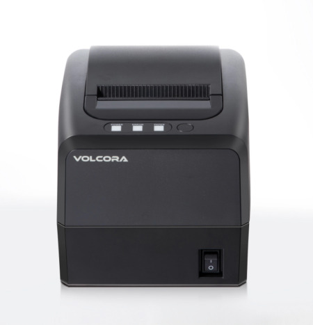 Front view of a black Volcora linerless receipt and label printer with paper slot, status indicators, and power switch