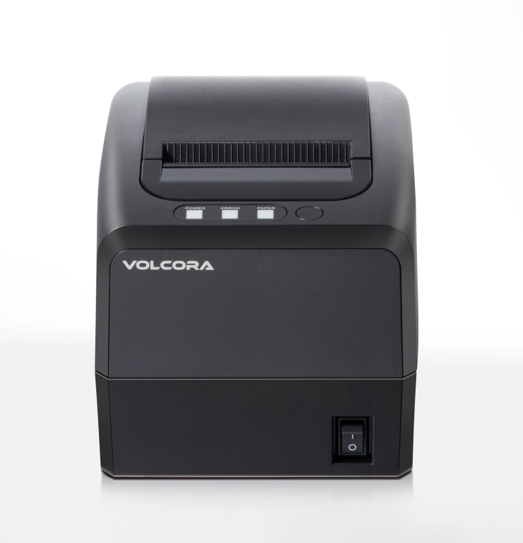 Linerless-Receip-Label Printe-RS232-WIFI Front view of a black Volcora linerless receipt and label printer with paper slot, status indicators, and power switch