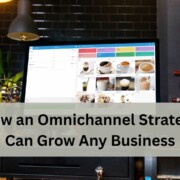 A modern cafe counter with a touchscreen POS terminal displaying a menu of drinks like espresso, latte, and cappuccino