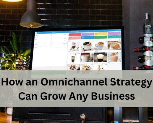 A modern cafe counter with a touchscreen POS terminal displaying a menu of drinks like espresso, latte, and cappuccino