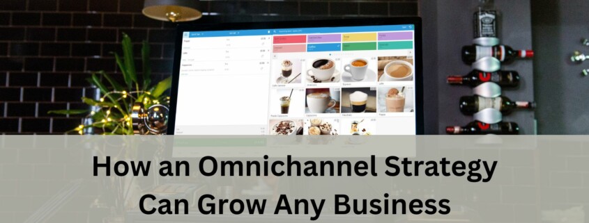 A modern cafe counter with a touchscreen POS terminal displaying a menu of drinks like espresso, latte, and cappuccino