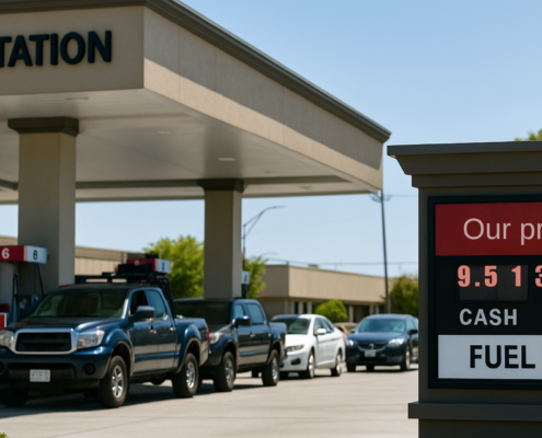 Gas station with cars in line and a roadside sign showing separate cash and credit fuel prices.