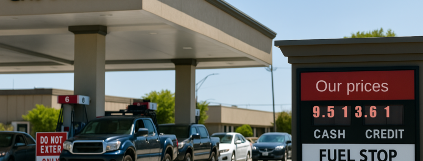 Gas station with cars in line and a roadside sign showing separate cash and credit fuel prices.