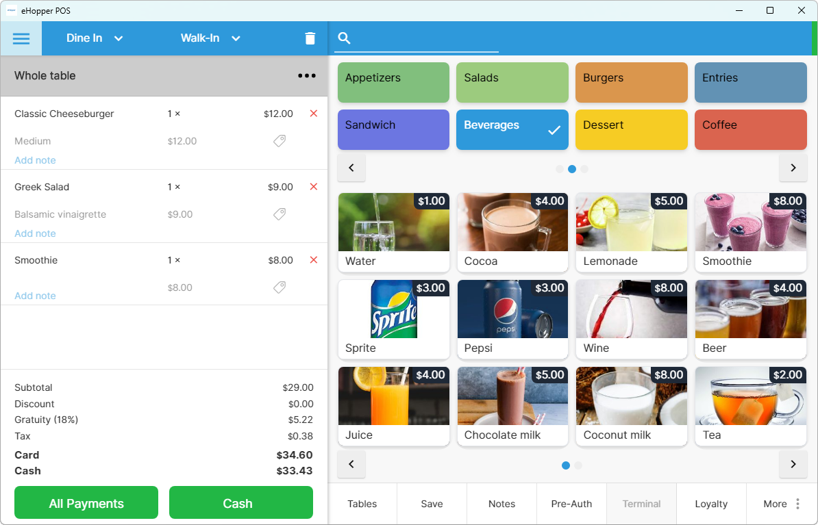 POS service charges at checkout eHopper POS checkout screen showing a dine-in order with items, subtotal, gratuity 18 percent, tax, and total, alongside menu categories and beverage selections with prices.
