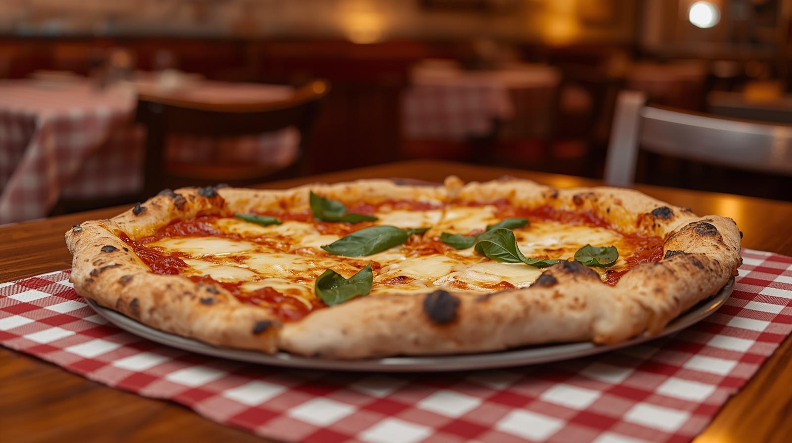 Pizza POS A fresh margherita pizza on a plate, topped with melted cheese, tomato sauce, and basil leaves. It sits on a red and white checkered tablecloth in a cozy restaurant