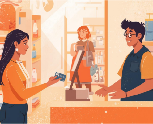 A woman at the checkout counter is handing a gift card to a smiling cashier.