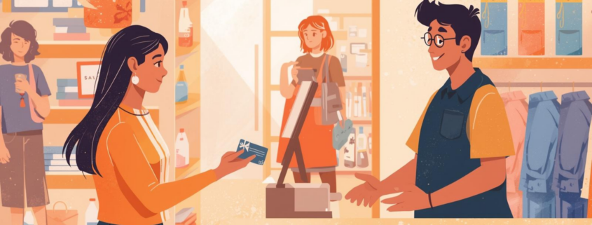 A woman at the checkout counter is handing a gift card to a smiling cashier.