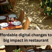Outdoor restaurant tables set with plates and condiments, viewed from above, with a text banner that reads “Three affordable digital changes to make a big impact in restaurant.”