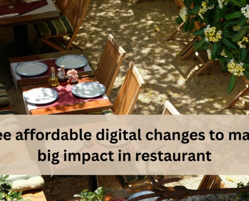 Outdoor restaurant tables set with plates and condiments, viewed from above, with a text banner that reads “Three affordable digital changes to make a big impact in restaurant.”