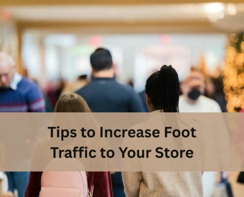 People walking through a busy indoor shopping area, viewed from behind, with an overlay text that reads “Tips to Increase Foot Traffic to Your Store”