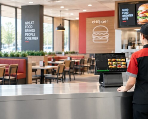 Restaurant employee using a touchscreen POS system in a modern fast-food restaurant with dining tables, booths, digital menu boards, and counter service.
