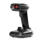 Black Volcora 2D wireless barcode scanner on charging base with red scanning light and ergonomic handheld design