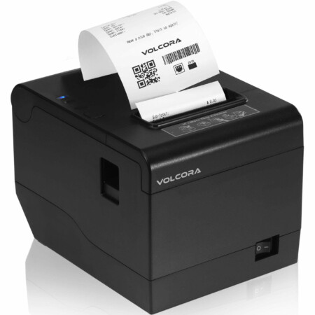 Black Volcora 80mm USB/Ethernet thermal receipt printer with printed receipt and built-in auto-cutter.