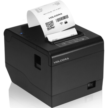 Black Volcora 80mm USB/Wifi thermal receipt printer with printed receipt and built-in auto-cutter.