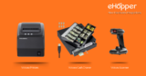 eHopper hardware integrations featuring Volcora thermal printer, 16-inch USB cash drawer, and wireless barcode scanner.