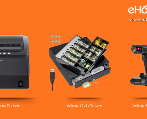 eHopper hardware integrations featuring Volcora thermal printer, 16-inch USB cash drawer, and wireless barcode scanner.