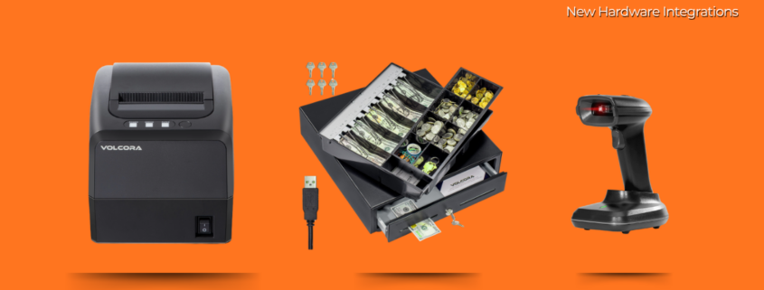 eHopper hardware integrations featuring Volcora thermal printer, 16-inch USB cash drawer, and wireless barcode scanner.