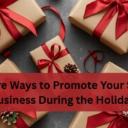 A flat lay of neatly wrapped holiday gifts in brown paper with bright red ribbons, arranged on a dark textured surface