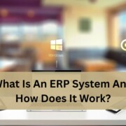 A blurred modern office or cafe background with three platform icons floating above a counter: an Android logo on the left, a Windows logo in the center