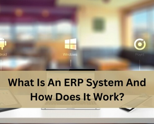 A blurred modern office or cafe background with three platform icons floating above a counter: an Android logo on the left, a Windows logo in the center