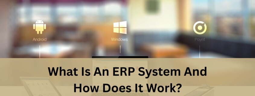 A blurred modern office or cafe background with three platform icons floating above a counter: an Android logo on the left, a Windows logo in the center