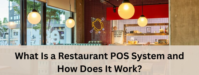 A bright modern restaurant interior with hanging globe lights, large windows, and a view of the street outside.