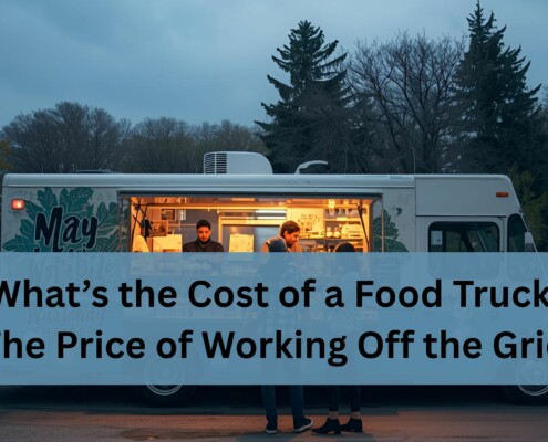 A food truck parked outdoors at dusk with warm light glowing from the service window. Two workers inside prepare food while customers stand outside placing orders.