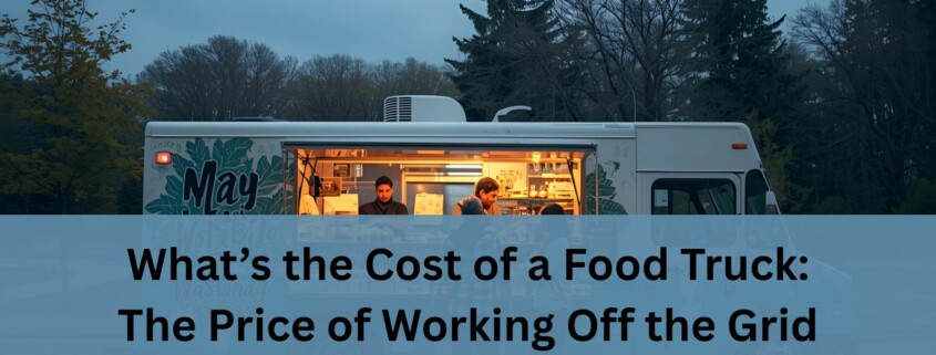 A food truck parked outdoors at dusk with warm light glowing from the service window. Two workers inside prepare food while customers stand outside placing orders.